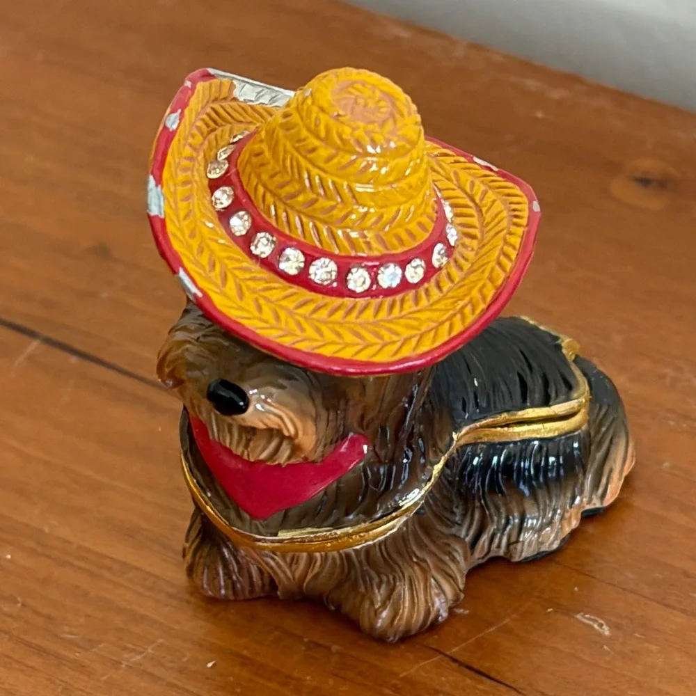 Vintage 90s Yorkie Dog Sombrero Rhinestone Enameled Hinged Trinket Box 2